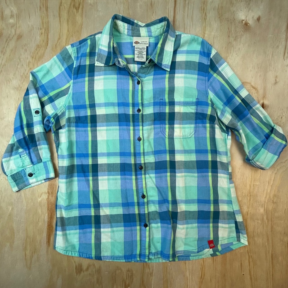 Dickies Women Plaid Button Down Roll Tab Sleeve Shirt Blue Green L Western